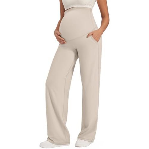 G4Free Maternity Pants Over The Belly Yoga Dress Work Pregnancy Pants Stretchy Lounge Wide Leg Trousers with Pockets