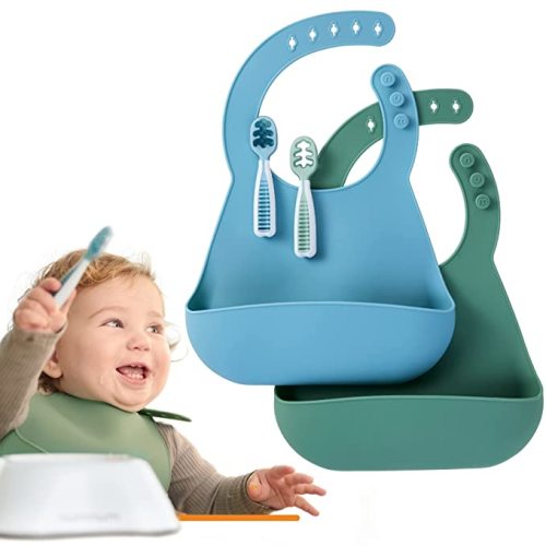 numnum Pre-Spoon GOOtensils + Silicone Bibs - Babies & Toddlers Ki | Self Feeding Baby Spoon Set (Stage 1 + Stage 2) | Waterproof, Soft, Adjustable, 100% Food Grade Bib - (Blue/Glacier Green) - 2 Spoons + 2 Bibs