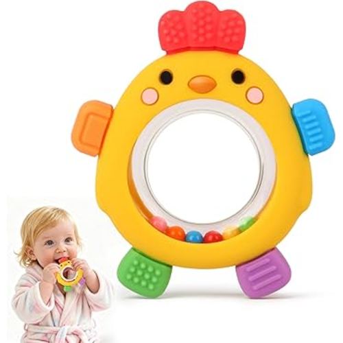 Baby Teether Rattle Toy, Textured Silicone Chew Toy for Gum Relief, Sensory Toy with Easy-Grip Ring for Infants 0-12 Months, Cute Chick Design