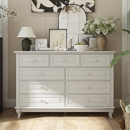 9 Drawer Dresser for Bedroom, Modern Dressers with Sturdy Legs & Chests of Drawers for Entryway & Hallway, White (15.7" D x 55.1" W x 37.0" H)