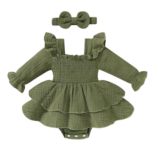 YOUNGER TREE Baby Girl Fall Clothes Infant Long Sleeve Ruffle Romper Dress | Cute Toddler Winter Outfit, Soft Fabric Clothing, Newborn Smocked Jumpsuit, with Headband