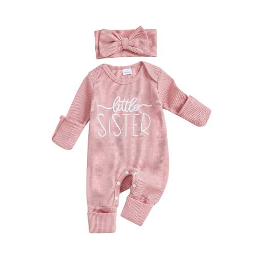 BemeyourBBs Newborn Baby Girl Little Sister Outfit Letter Embroidered Romper Jumpsuit and Headband 2 Pcs Clothes Set