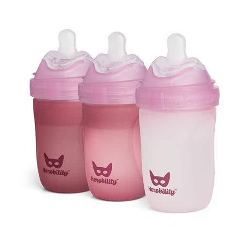 Herobility Glass Baby Bottle - 7 fl oz/220 ml - 3 Pack | Heat Sensing Color-Changing Bottle with Double Anti-Colic Nipple - Silicone Coating - Breastlike Nipples for Newborn Babies - Rose Color