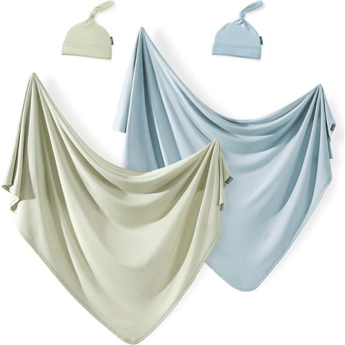 2 Set Newborn Swaddle Blanket with Beanie(4 pcs), Ultra Soft Stretchy Jersey Knit Extra Large Size 33 x 44 Receiving Blankets for Easy Swaddling Baby Snug and Cozy