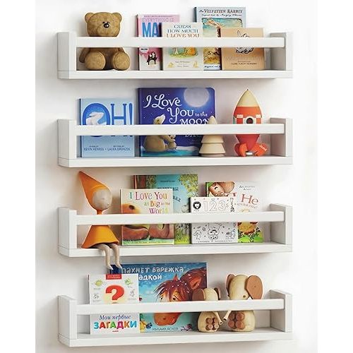 Forbena Floating Nursery Book Shelves for Wall Set of 4, Wall Bookshelf for Kids Room, White Wood Hanging Bookshelves Book Shelf for Baby Toddler Childrens Boy Girl Bedoom Toy and Decor Storage