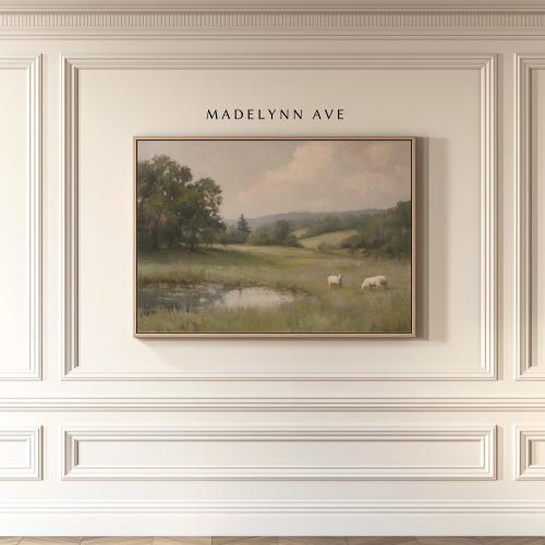 By Still Waters – Christian Framed Canvas Art Print of Sheep in Pasture, Psalm 23 Inspired Landscape Wall Art