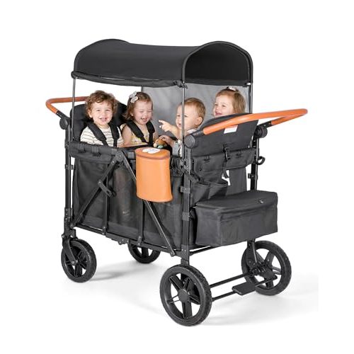 Foldable 4-Seater Wagon Stroller for Kids, All-Terrain Wagon with Snack Tray, High Seats, 5-Point Harness, Adjustable Handle, Canopy, Parent Organizer & Insulated Snack Pack (Black)