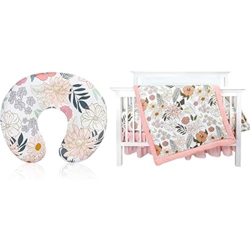 4-Piece Crib Bedding Set, Baby Girl Bedding Crib Set, Nursing Pillow Cover for Baby Girls Boys, Breastfeeding Pillow Cover, Stretchy Removable Feeding Pillow Case for Newborns