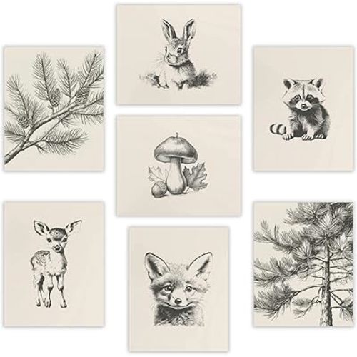 HDXUFJQ Neutral Nursery Wall Art Woodland Animal Canvas Wall Decor Forest Animal Themed Sketch Pictures Prints Vintage Nature Rustic Baby Kids Boys Girls Room Home Paintings Decor Unframed（8"x10"）