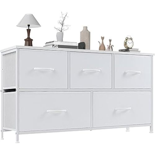 OLIXIS 5 Drawer Dresser Nightstand Classic White, Wooden Top Metal Frame Fabric Storage Organizer for Bedroom Living Room Entryway, Wide TV Stand Closet Chest Furniture