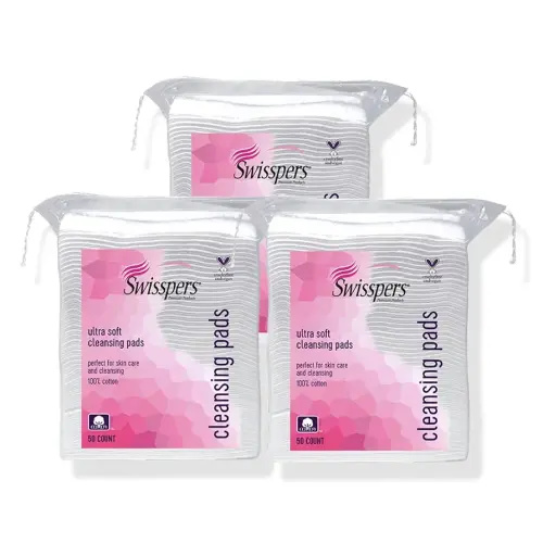 Swisspers Refresh and Reset Facial Cleansing Cotton Pads - 100% Natural Fiber, Ultra-Soft Beauty Essentials for Women & Men - Cruelty-Free, Paraben-Free Skincare Application Squares (50 Count) 3 Pack