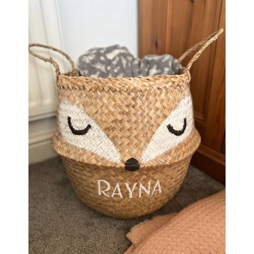 Seagrass basket, fox design, woodland, kids, nursery, storage, blankets, toys, washing, laundry, personalised, cream, baby, interior, bast