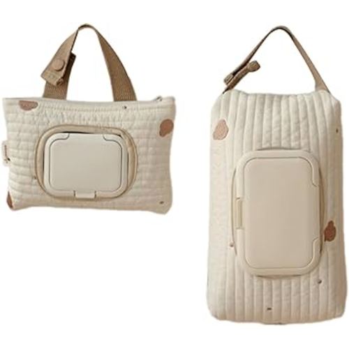 Wet Wipe Holder Bag, Embroidered Bear Wet Wipe Pouches, Portable Upgrades Stroller Hanging Bag Cotton Linen, Large Size Embroidery Diaper Bag Attaches for Parents Travel Carrying