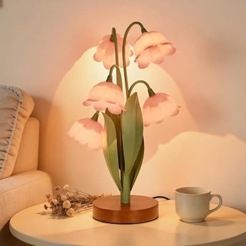 Flower Table Lamp for Bedroom, Cute Reading Light with 5 Pink Tulip Flower of The Valley, Desk Lamp Bedside Lamps for Nightstands Home Decor, Soft Reading Night Light for Bedroom Living Room Office
