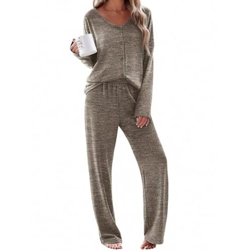 Ekouaer Womens Pajama Sets Button Up Long Sleeve Pjs Soft Lounge Set 2 Piece Sleepwear with Pockets