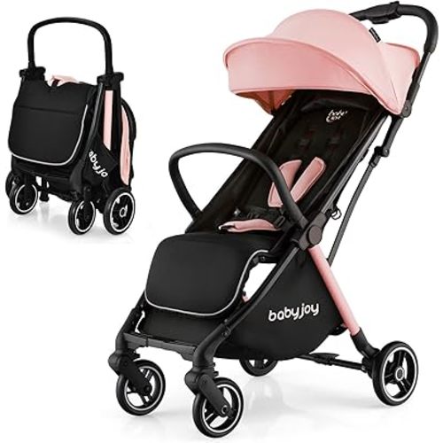 BABY JOY Lightweight Baby Stroller, Compact Travel Stroller for Airplane, Infant Toddler Stroller w/Adjustable Backrest & Canopy, Storage Basket, Self Standing Gravity Fold, Aluminium Frame (Pink)
