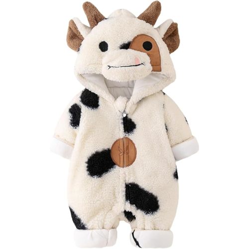Newborn Baby Boy Girl Winter Plush Clothes Long Sleeve Zipper Hooded Romper Onesie Toddler Infant Cow Outfit