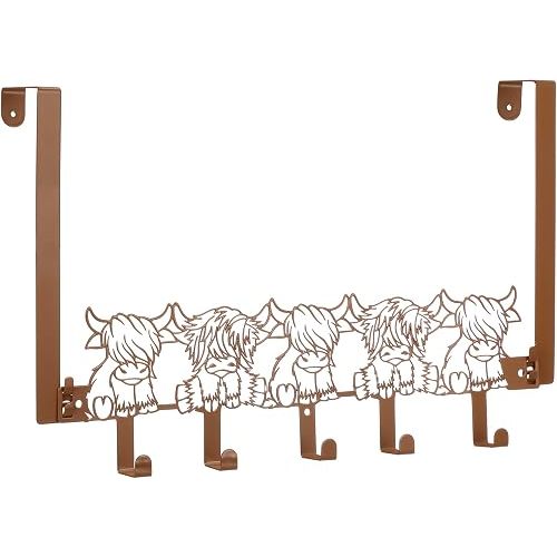 Highland Cow Over The Door Hooks Hanger Wall Mount Towel Hanger Door Holder Organizer 5 Hooks Kawaii Farmhouse Rustic Coquettish Style Decor for Bedroom Bathroom Towel Hat Clothes