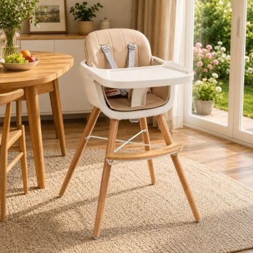 6-in-1 Convertible Wooden High Chair with Safety Harness and Adjustable Legs, Light Brown