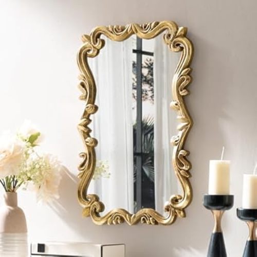 Vintage Gold Mirror for Bathroom with Wood Carved Frame Scalloped Arched Mirror Length-15.7X23.8inch French Decorative Wall Mirror for Bedroom,Entryway,Fireplace (Gold foil)