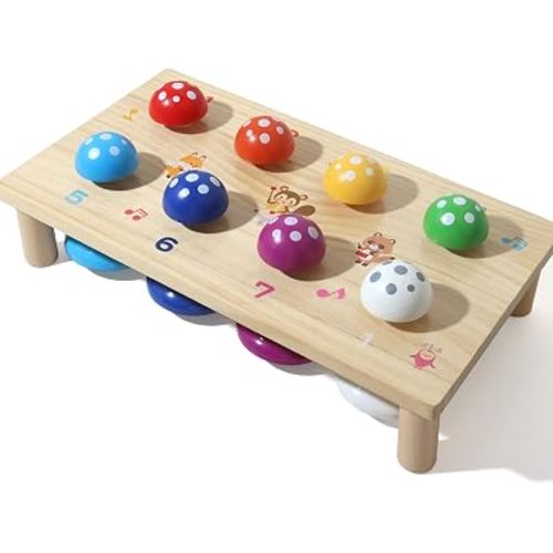 Wooden Mushroom Push Bell Toy, 8 Note Colorful Montessori Musical Toys for Toddlers, Sensory Development Hand Eye Coordination Learning Toy, Baby Musical Instrument Gift for 1 2 3 Year Old Boys Girls