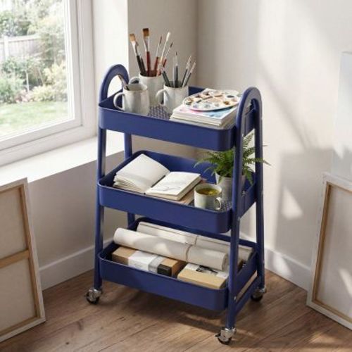 JIONJOY 3-Tier Metal Rolling Utility Cart, Mobile Storage Organizer with Lockable Wheels & Handles, Mesh Basket Trolley for Kitchen Bathroom Office