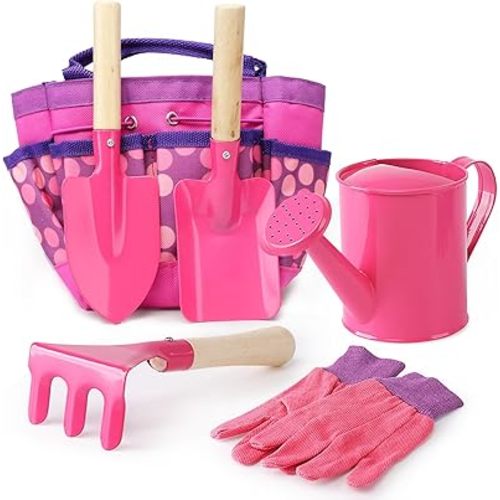 Kids Gardening Tools Set, Toddler Play Kit Child Outdoor Toy with Gloves, Watering Can, Metal Shovel, Rake, Spade & Storage Bag, Backyard Sand Digging Holiday Birthday Gift for Boy Girl 3 4 5 (Pink)