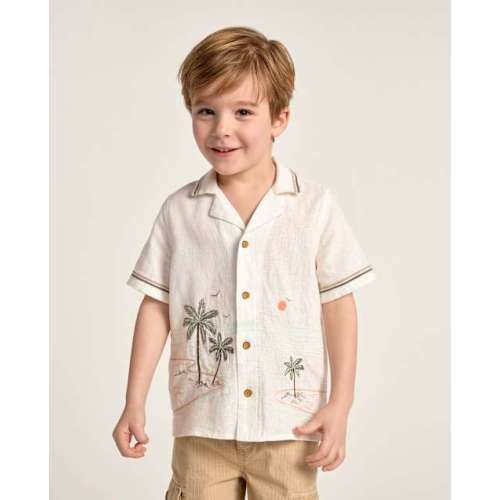 Boys Embroidered Beach Button Up Shirt - Amalfi Coast - White