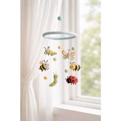 Woodland Insect Crochet Mobile – Monarch Butterfly, Ladybug & Dragonfly Soft Hanging Decoration