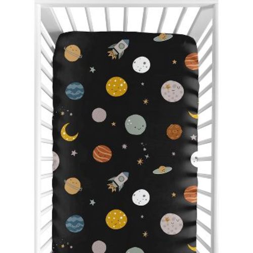 Sweet Jojo Designs Boy Baby Fitted Crib Sheet Space Galaxy Black, Orange and Blue