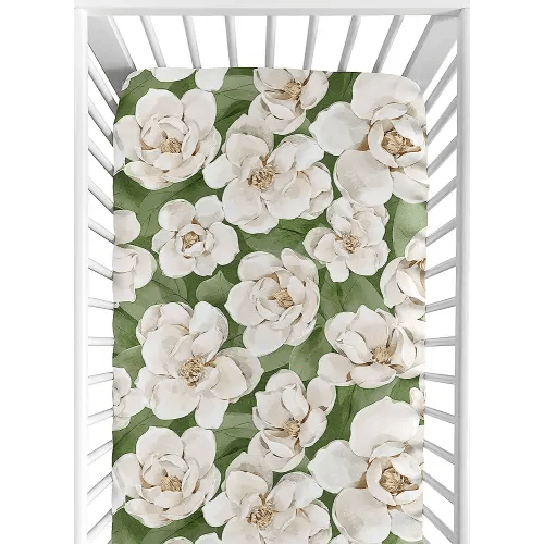 Sweet Jojo Designs Sage Green Boho Flower Floral Girl Baby Fitted Crib Sheet Infant Newborn Nursery Toddler Bed Room Standard Mattress Ivory Shabby Chic Bohemian Watercolor Garden Nature Modern