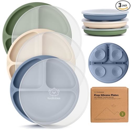 KeaBabies Suction Plates with Lids for Baby - 3-Pack 100% Silicone Toddler Plates with Suction, Divided, BPA-Free Baby Led Weaning Essentials for Kids, Dishwasher, Microwave Safe, Durable (Slate)