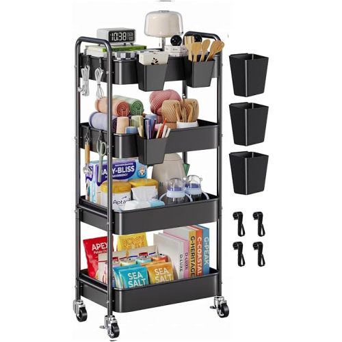 4 Tier Rolling Cart Metal with Wheels, Black Four Tiered Storage Rolling Cart on Wheels, Large Utility Roller Shelf Carts Organizer for Art, Craft, Baby Diaper Caddy, Snack, Book, Office, 38in Tall