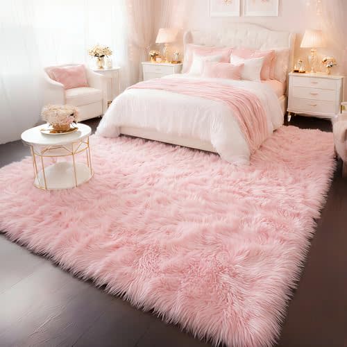 Amdrebio Pink Area Rug 6x9 for Girls Bedroom, Large Shag Fluffy Rugs for Living Room Decor, Cute Fuzzy Furry Carpet for Kids, Baby, Teen, Classroom, Nursery, Soft Plush Floor Rug for Playroom, Office