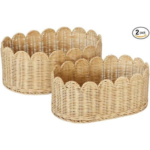 BEBE BASK Premium Scalloped Basket Set Of 2 - Scallop Basket - 16 x 10 x 7 Inch - Hand-Woven Elegant Wicker With Scalloped Edge - Nursery Storage (Natural)