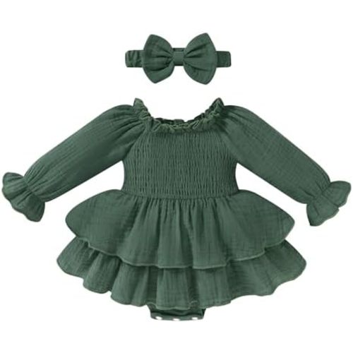 Happy Town Baby Girl Romper Cute Infant Girls Cotton Clothes Long Sleeve Dress with Headband Fall Winter Outfits