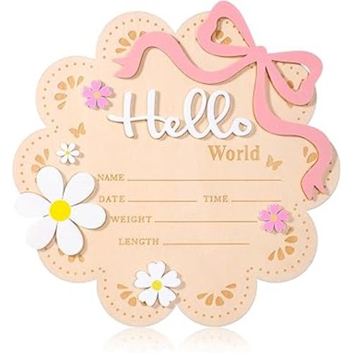Wooden Newborn Announcement Sign, Butterfly Daisy Hello World Board, Newborn Welcome Signs with Butterfly and Daisy Decorations, Baby Name Plaque Board for Babies Shower, Hospital and Nursery Decor