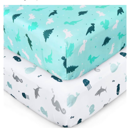 Crib Sheets for Boys or Girls 2-Pack, Fitted Sheet 52'' x 28'' Standard & Toddler Mattres, Soft and Breathable Material, Baby Neutral, Dinosaurs Ocean