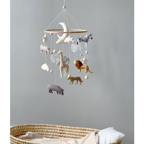 Baby mobile neutral animals Africa nursery mobile felt Africa safari giraffe, lion, zebra, and elephant. Crib mobile moon and clouds mobile.