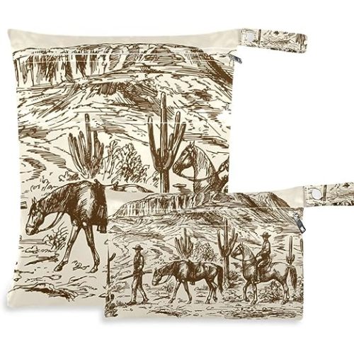Kigai 2pcs Western Desert Cowboy Wet Dry Bags,Waterproof Reusable Cloth Diaper Wet Dry Bags for Travel,Diapers,Dirty Gym Clothes and Toiletries - 11.8 + 8.7 Inch