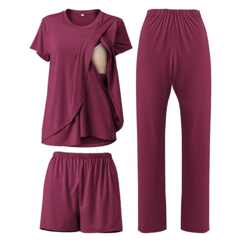 Rnxrbb 3 Piece Postpartum Nursing Pajamas Set Casual Soft Maternity Breastfeeding Pjs Sleepwear Loungewear Clothes Layer