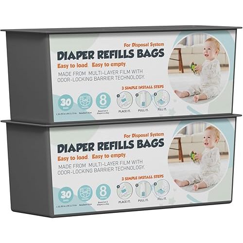 Diaper Pail Refills Bags with 30 Bags (Baby Powder Scent) Compatible with Genie Easy Roll Signature and Platinum Diaper Pails, 7-Layer Odor-Barrier Technology 2 Pack (60 Bag)