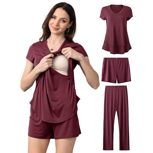 SUNNYBUY 3 PCS Maternity Breastfeeding Pajamas Set, Hidden Nursing Tops, Adjustable Pregnancy Shorts & Pants Postpartum PJS