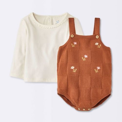 Baby Girls' Floral Embroidered Sweater Romper and Long Sleeve Set - Cloud Island™ Cream 0-3M