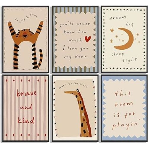 6Pcs Boho Nursery Wall Art Kids Room Motivational Posters Prints Cute Animal Themed Kids Wall Decor Boys and Girls Painting Pictures Artwork for Children Room Home Decoration 8×10in Unframed
