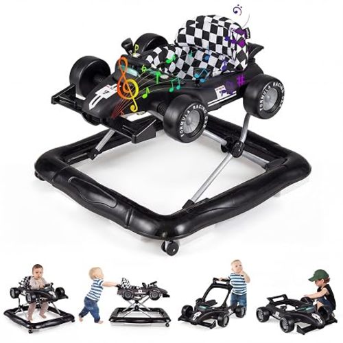 BABY JOY 4-in-1 Baby Walker, Foldable Activity Walker with Push Mode, Adjustable Height, Lights, Anti-Rollover, Baby Walker with Wheels for Boys Girls 6-18 Months (Black)