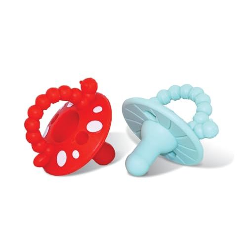 RaZbaby Chompy Silicone Pacifier for Babies 2PK – One-Piece Medical-Grade Soft Silicone Design, BPA-Free, Ergonomic Comfort, Natural Nipple Shape, Easy-Clean Safety - 2 Pack - Red/Blue