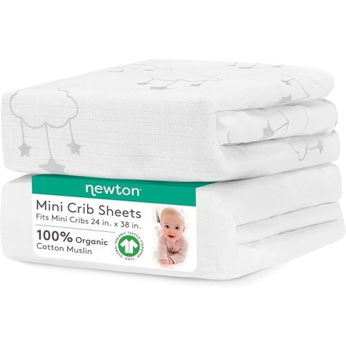 Newton Baby Mini Crib Fitted Sheets (2-Pack) | Organic Muslin Cotton, Breathable & Soft Baby Sheets, Washable Baby Mattress Sheets, Fits Any Mini Sized Crib 24" x 38", Wishing on a Star Print + White