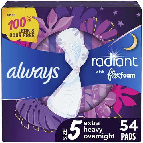 Always Radiant Feminine Pads for Women, Flexfoam Pads with Wings, Size 5, Extra Heavy Overnight Absorbency, Lightly Scented, 54 Count (3 Packs of 18)