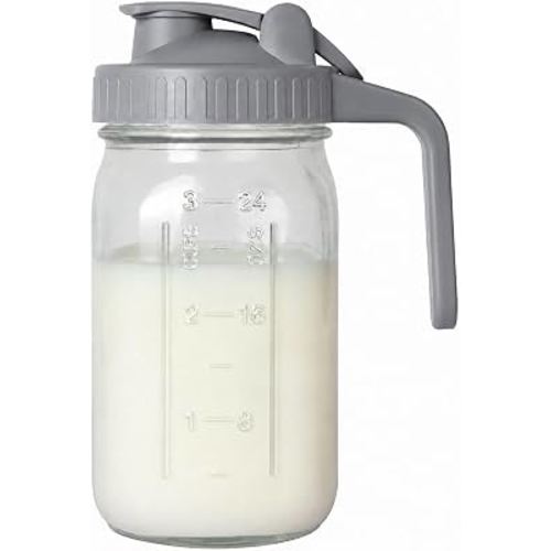 32 oz Breast Milk Pitcher, Glass Mason Jar Pitcher with Lid | Airtight, Leak Proof, Wide Mouth, Pour Spout Lid, Thick Glass, Fridge Safe, Ergonomic Handle, Easy to Clean